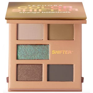 Sephora Color Shifter eyeshadow palette in \“Strange Botanicals\“ features five shades, including neutrals and a shimmering green.