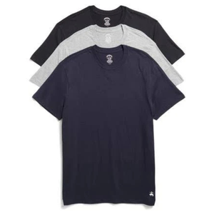 Three crew neck t-shirts in navy, gray, and black are stacked, displaying their short sleeves and simple design. A small logo is visible on the bottom corner of the top shirt.