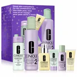 Clinique skincare set for dry combination skin, featuring liquid facial soap, clarifying lotion, dramatically different moisturizing lotion, and travel sizes.