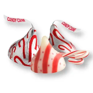 Candy cane-themed chocolate kisses with striped patterns and candy cane packaging.