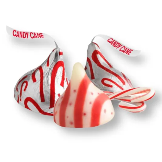 Candy cane-themed chocolate kisses with striped patterns and candy cane packaging.