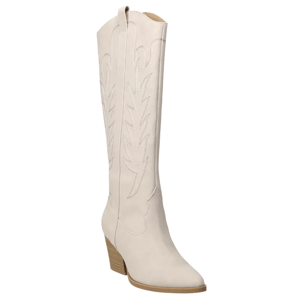 A cream-colored, knee-high cowboy boot with decorative stitching and a chunky wooden heel.