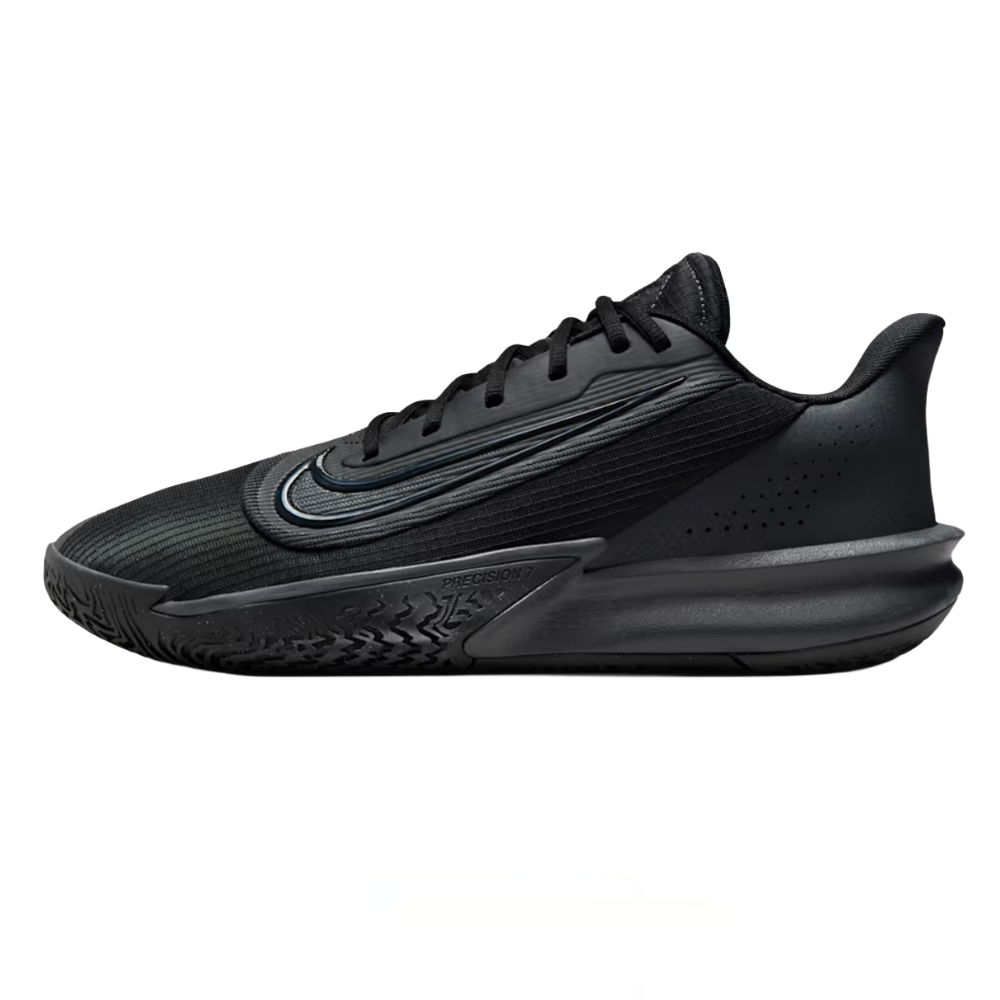 Black athletic sneaker with a textured sole and sleek design, featuring a prominent swoosh logo on the side.