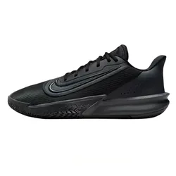 Black athletic sneaker with a textured sole and sleek design, featuring a prominent swoosh logo on the side.