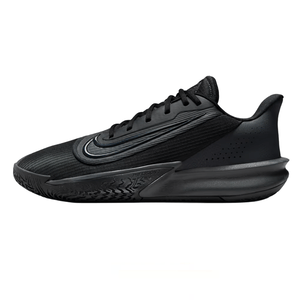 Black athletic sneaker with a textured sole and sleek design, featuring a prominent swoosh logo on the side.