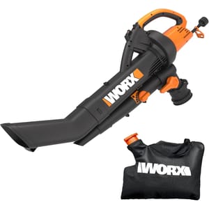 Worx 3-in-1 Blower, Mulcher & Vacuum features an ergonomic handle and comes with a detachable collection bag. It is designed for yard cleanup, offering blowing, mulching, and vacuuming functions.