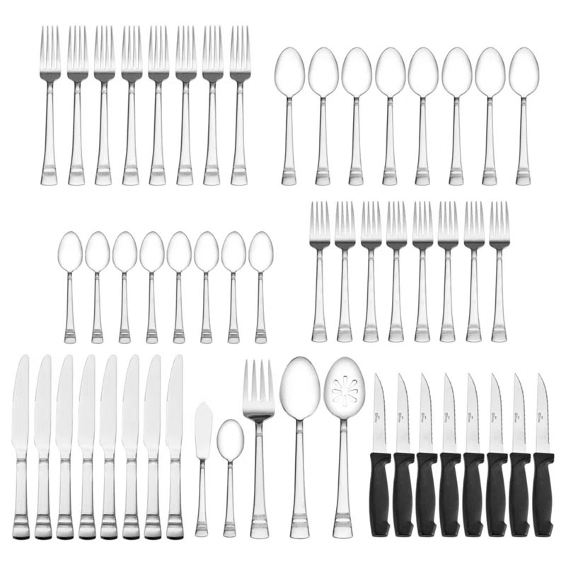 The 53-piece Pfaltzgraff Flatware Set includes 8 dinner forks, 8 salad forks, 8 dinner spoons, 8 teaspoons, 8 dinner knives, a butter knife, a serving fork, a serving spoon, a slotted spoon, and 8 steak knives.