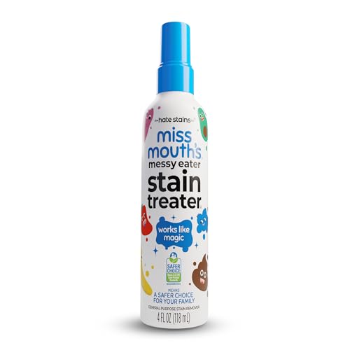 Miss Mouth's Messy Eater Stain Treater, a 4 fl oz spray, is designed to remove stains safely for families, featuring a \“works like magic\“ label and colorful illustrations.
