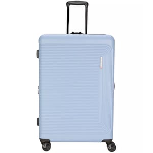 Light blue hard-shell suitcase with textured surface, retractable handle, and four spinner wheels.
