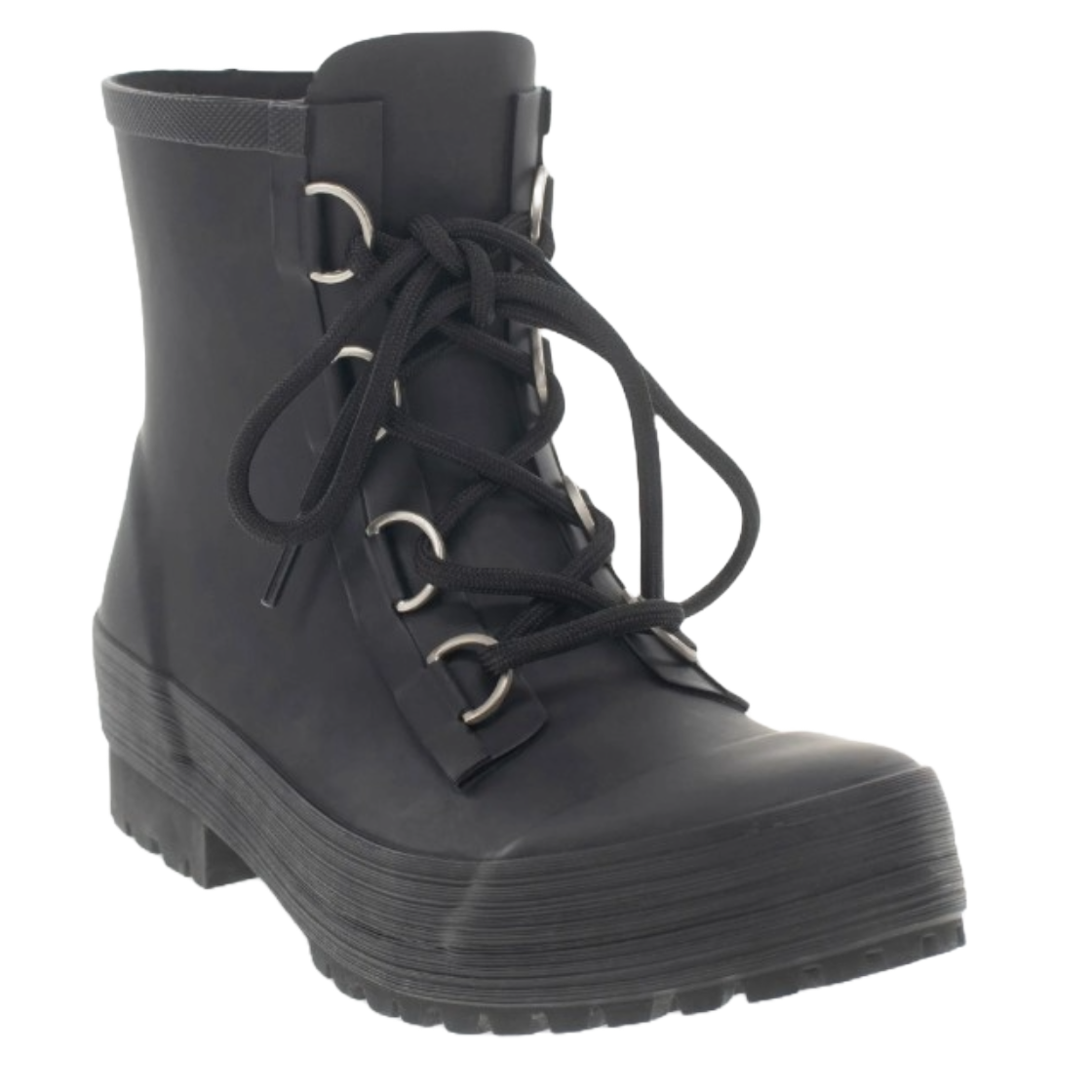 Black lace-up rain boot with a thick rubber sole and round toe design.