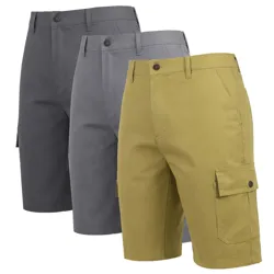 Three pairs of cargo shorts in different colors: olive green, light gray, and charcoal gray, featuring button closures and side pockets.