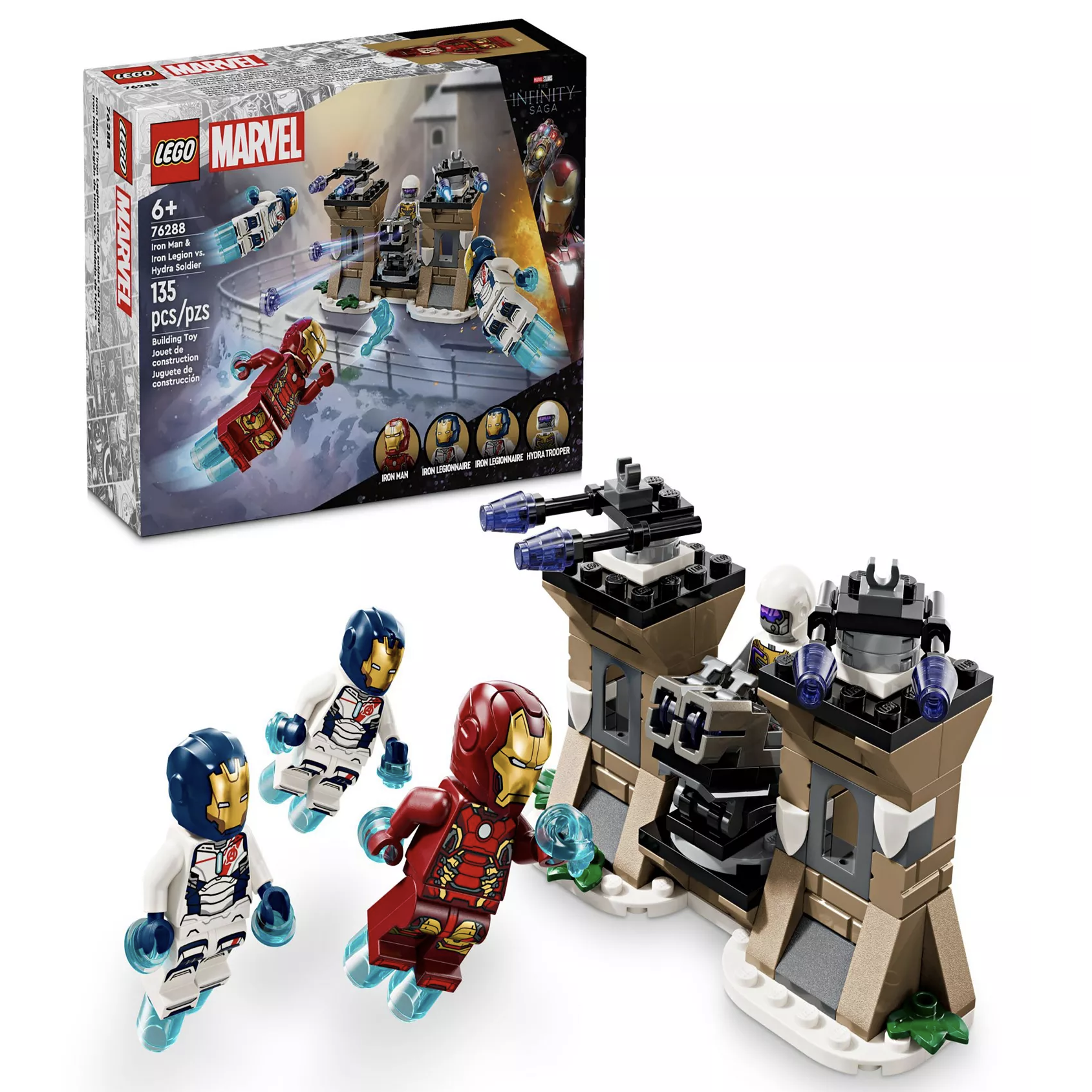 LEGO Marvel set #76288 features Iron Man and Hydra soldiers in a building toy with 135 pieces, including Iron Man and Iron Legionnaire minifigures, and a Hydra structure for imaginative play.