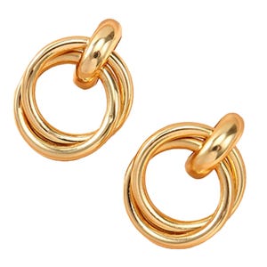 Gold-tone circle stud earrings featuring interlocking loops with a polished finish.