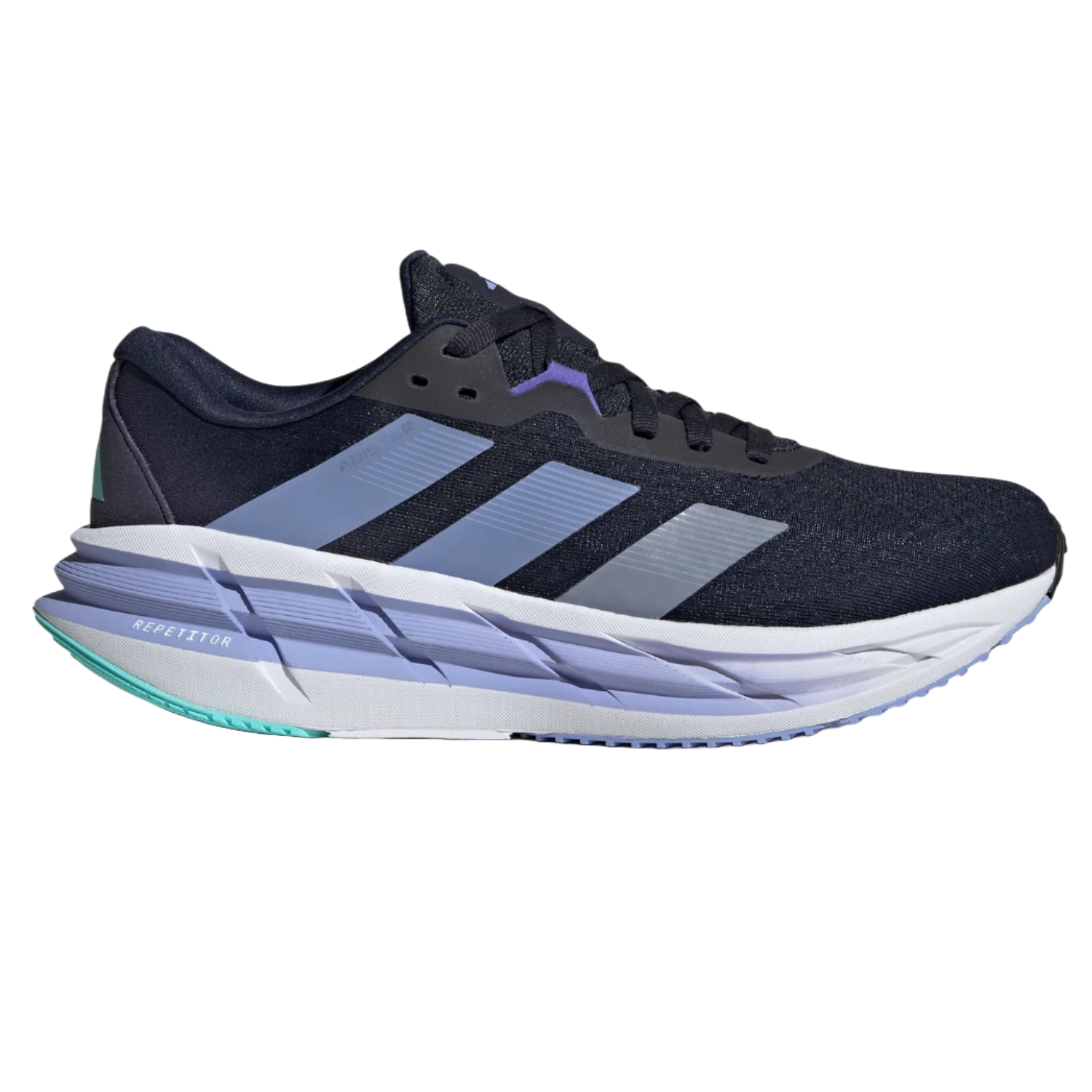 The Adidas Men's Adistar 3 Shoes feature a dark upper with three grey stripes, a cushioned midsole labeled \“REPETITOR,\“ and a teal and white outsole designed for comfort and stability.