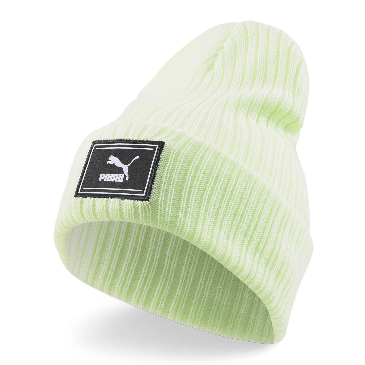 Light green ribbed knit beanie with a black and white Puma logo patch on the front.