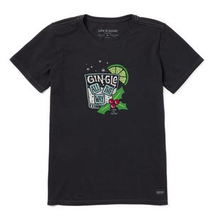 Black T-shirt featuring a graphic of a cocktail with lime, holly leaves, and the words \“Gin-gle All The Way\“ in festive lettering.