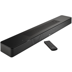 A black Bose soundbar and remote control are displayed, showcasing a sleek design with top and front speaker grills.