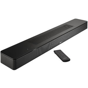 A black Bose soundbar and remote control are displayed, showcasing a sleek design with top and front speaker grills.