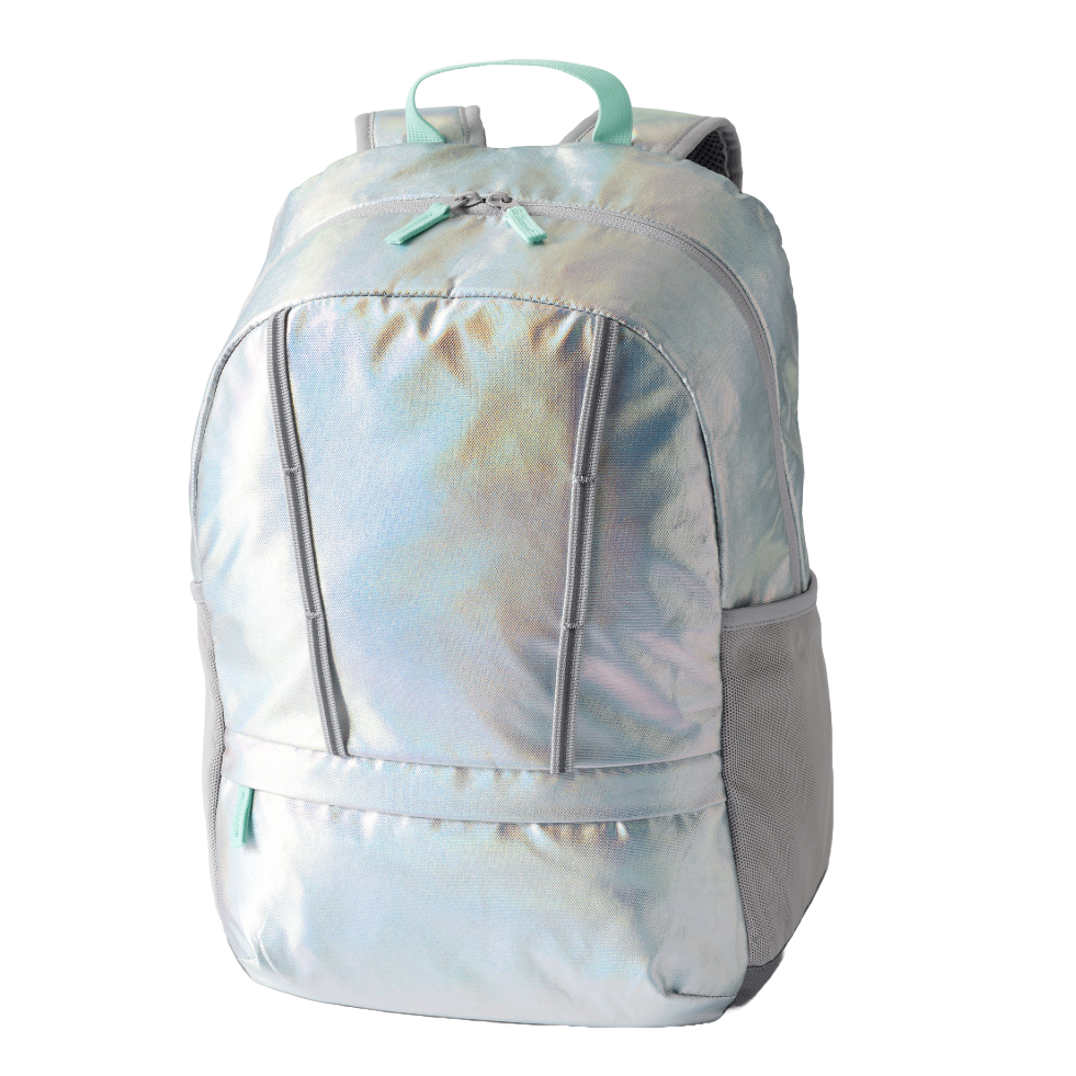 A shimmering iridescent Lands' End Kids' Backpack with light blue accents, featuring a front zippered pocket, side mesh pockets, and padded shoulder straps for comfort.