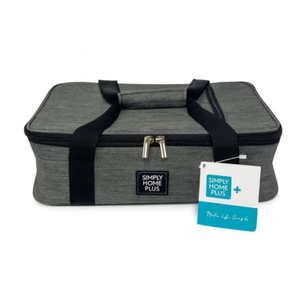 A gray insulated carrying case with black straps and a zipper, featuring a \“Simply Home Plus\“ label and tag.