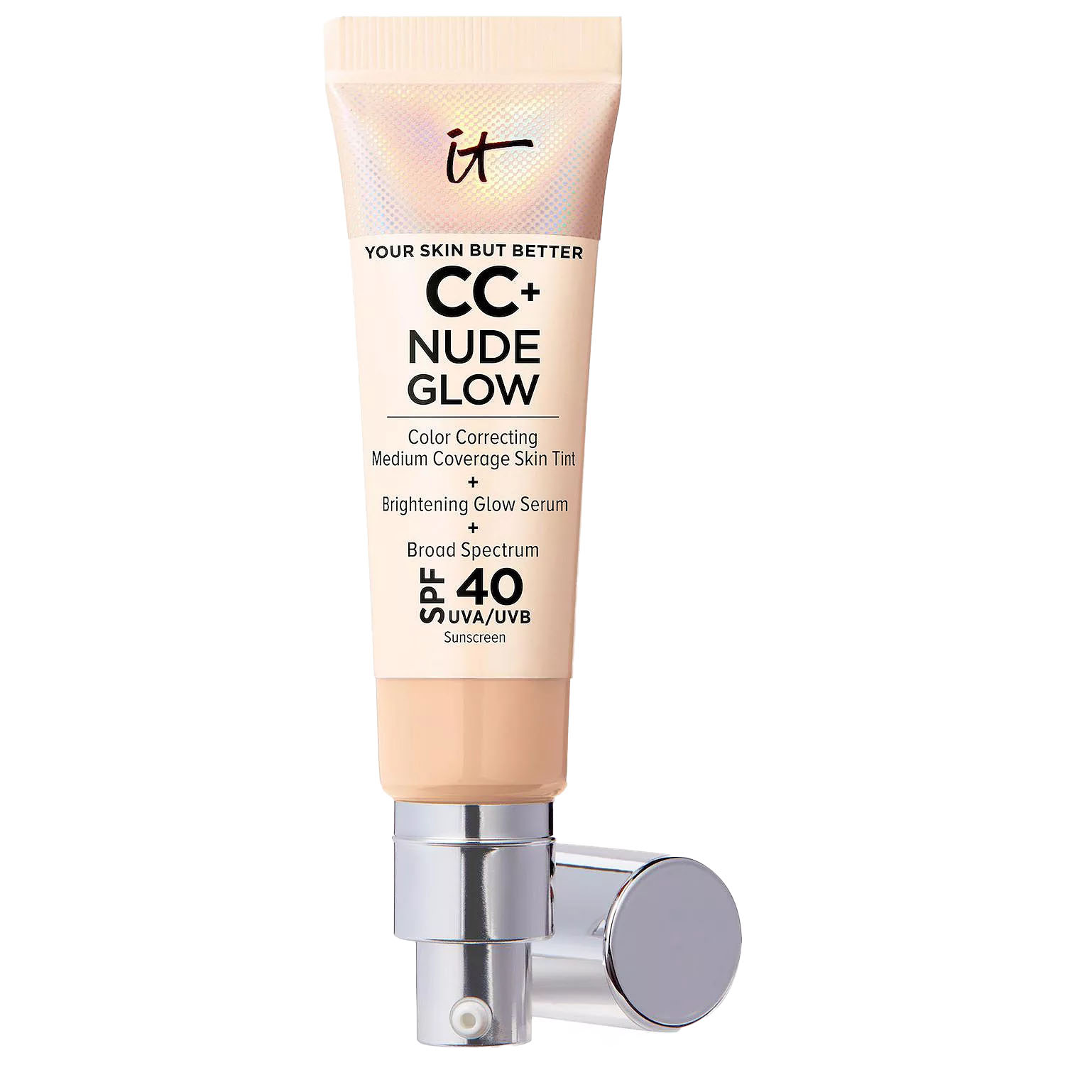 It Cosmetics \“Your Skin But Better\“ CC+ Nude Glow is a color-correcting medium coverage skin tint with a brightening glow serum and SPF 40 sunscreen.