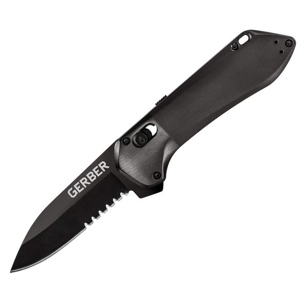 The Gerber Highbrow Knife features a partially serrated blade with a sleek black finish, an assisted opening mechanism, and a sturdy handle with a secure lock. It is designed for versatility and durability.
