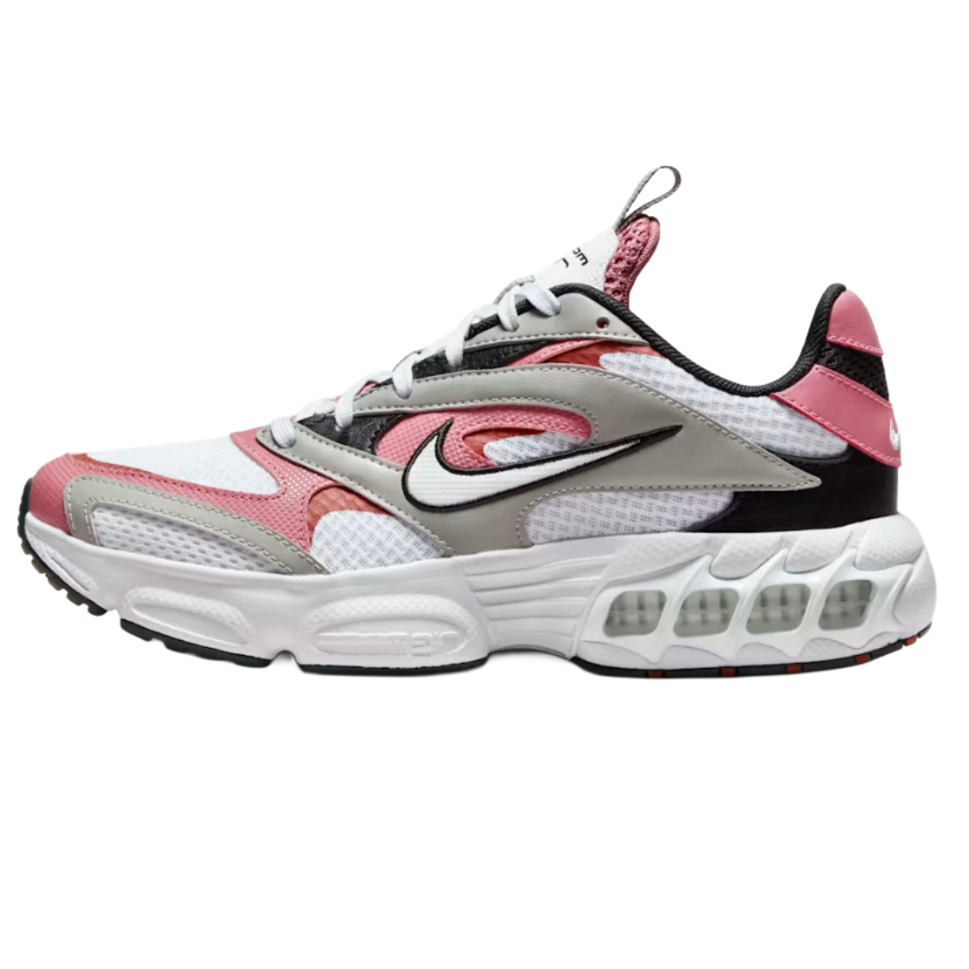 A sneaker featuring a white mesh base with pink, gray, and black overlays, black Swoosh logo, and a cushioned white sole with visible air units.