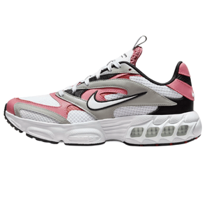A sneaker featuring a white mesh base with pink, gray, and black overlays, black Swoosh logo, and a cushioned white sole with visible air units.