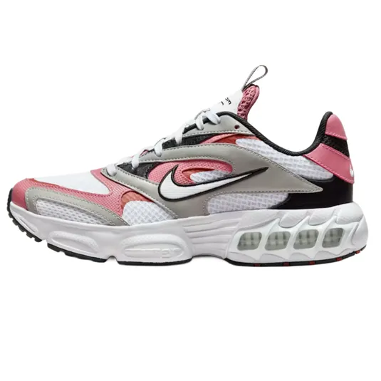A sneaker featuring a white mesh base with pink, gray, and black overlays, black Swoosh logo, and a cushioned white sole with visible air units.