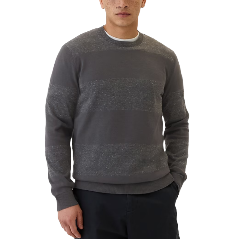 A men's gray stripe crewneck sweater with subtle horizontal patterns, featuring long sleeves and ribbed cuffs and hem.
