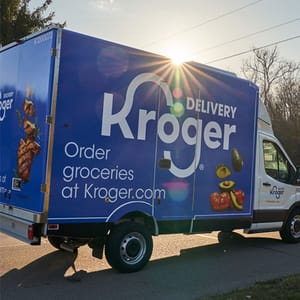 A Kroger delivery truck is shown promoting that groceries can be ordered from Kroger.com.