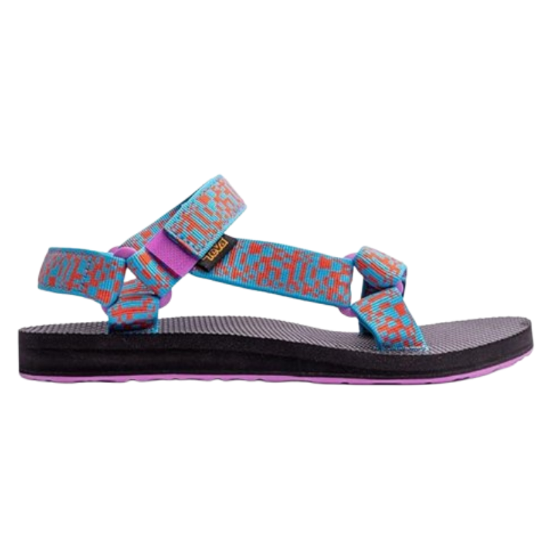 A colorful outdoor sandal with adjustable webbing straps in blue and orange patterns, black cushioned sole, and purple midsole accents, designed for comfort and adaptability.
