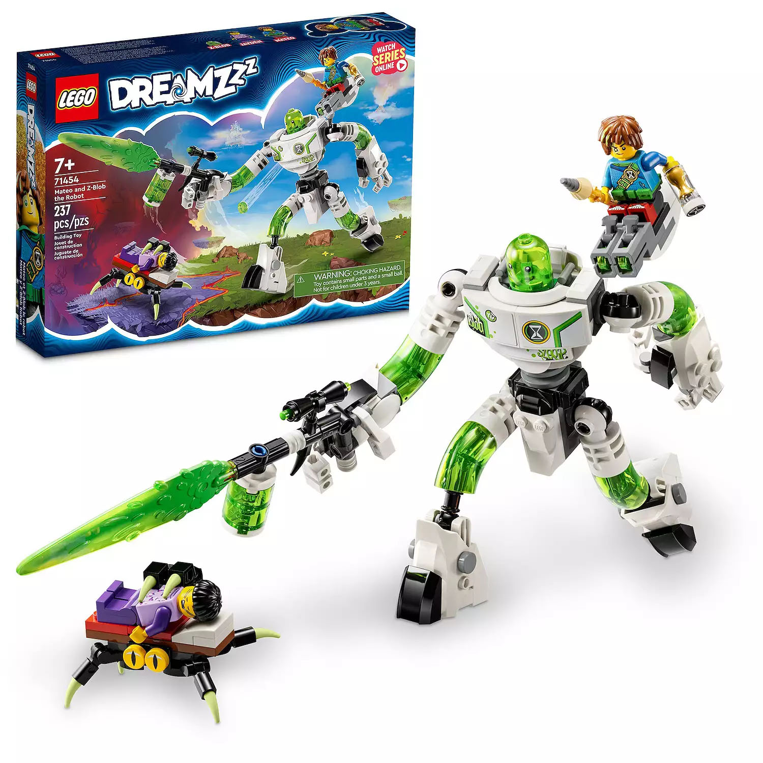 LEGO Dreamzzz set for ages 7+ with 237 pieces featuring a robot with green translucent parts and a child figure, a smaller spider-like creature, and a box showcasing the assembled figures.
