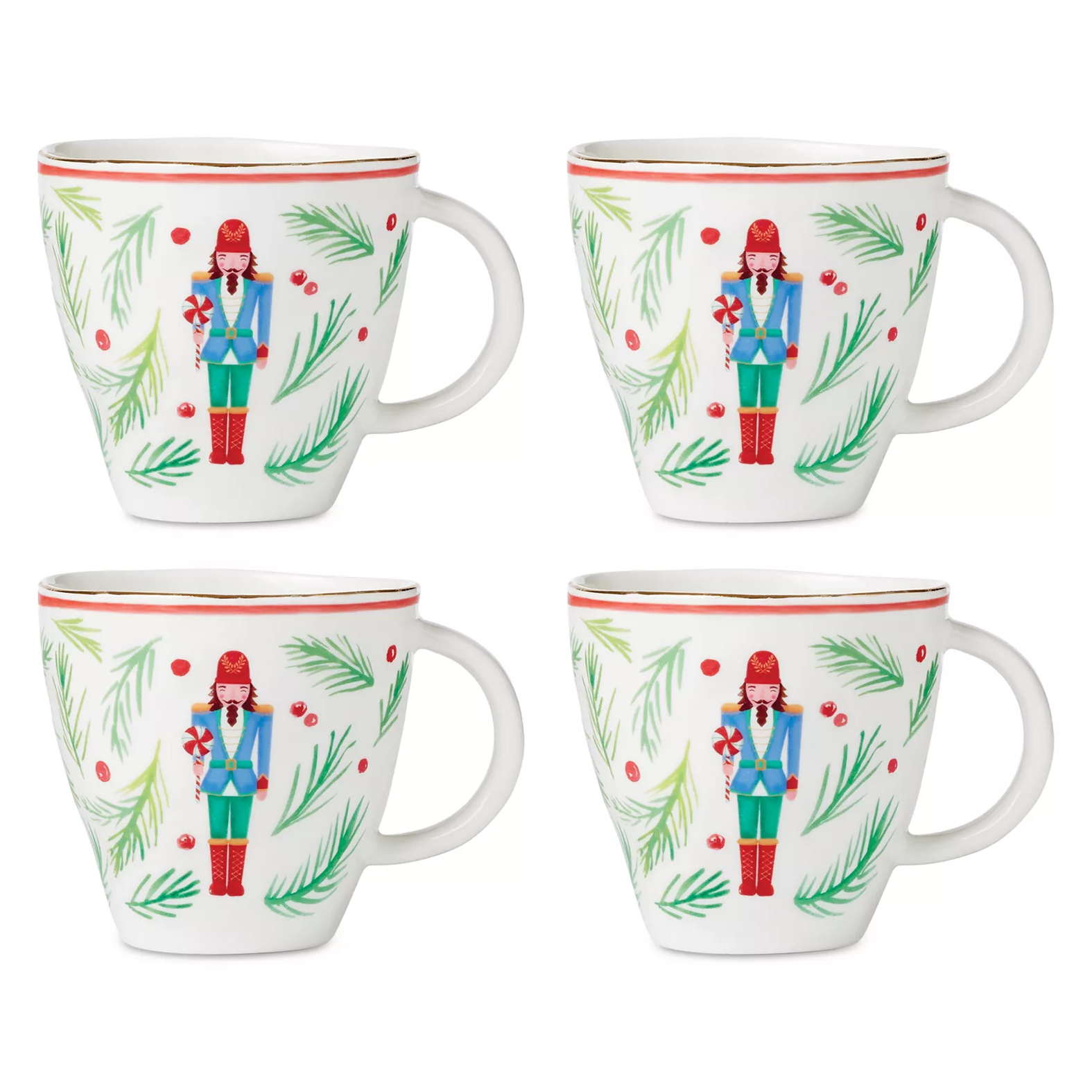 Set of four mugs featuring a nutcracker soldier design with festive green pine and red berry accents, each with a red rim.