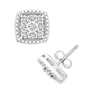 Silver square stud earrings with a halo of beads and a cluster of diamonds in the center.