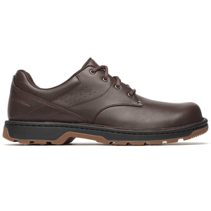 Brown leather lace-up shoe with a durable black and brown sole, featuring a sleek, low-profile design.