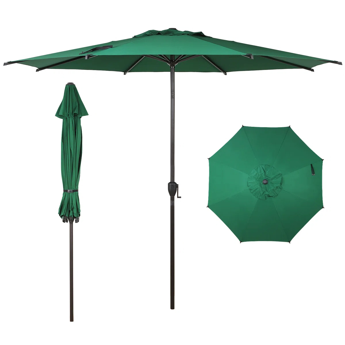 Green patio umbrella with crank handle and powder-coated steel pole, shown open, closed, and from top view.