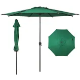 Green patio umbrella with crank handle and powder-coated steel pole, shown open, closed, and from top view.