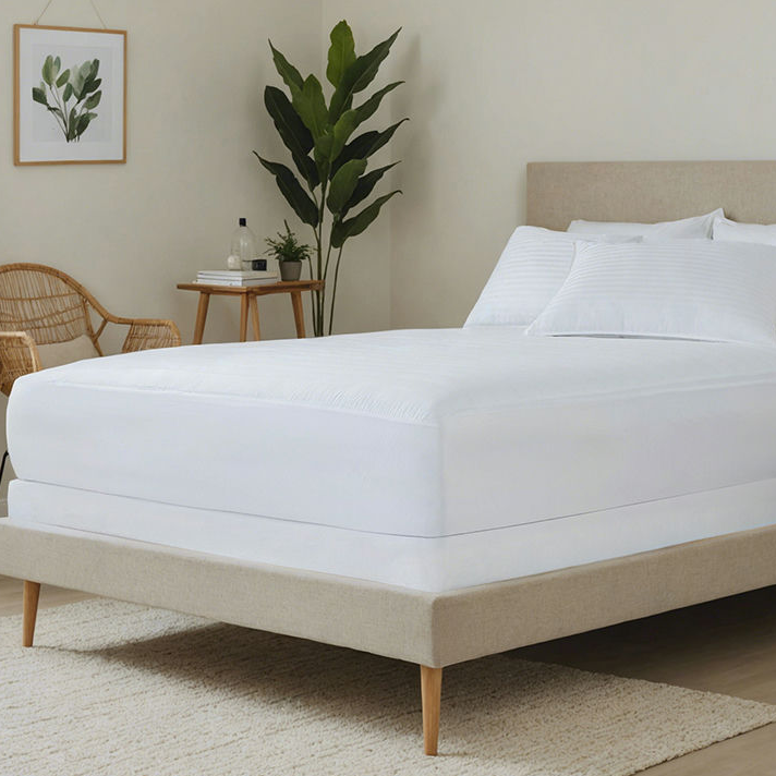 A bed with a fitted white waterproof mattress protector, complemented by white bedding and a beige frame.