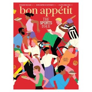 Bon Appétit magazine cover titled \“The Sports Issue,\“ featuring illustrated athletes engaged in various sports while holding food items. Sections mention restaurant run clubs, recipes by nutritionists, and Atlanta's dining scene.