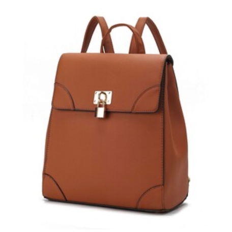A brown leather backpack featuring a top flap with a gold lock closure, black trim accents, and adjustable shoulder straps.