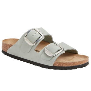 A gray sandal with two adjustable buckles and a cork footbed, featuring a black rubber sole.