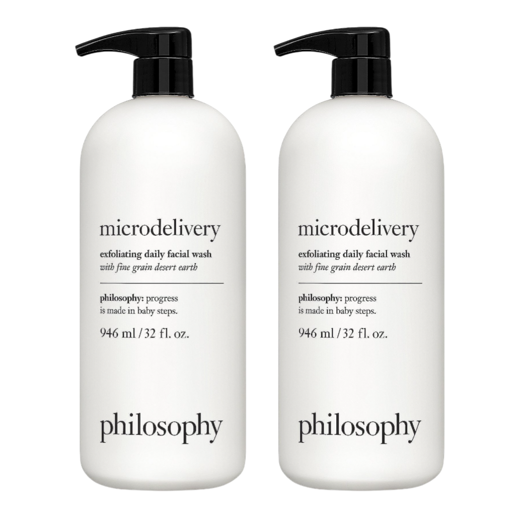 Two bottles of Philosophy Microdelivery Exfoliating Daily Facial Wash with fine grain desert earth, each 946 ml/32 fl. oz.
