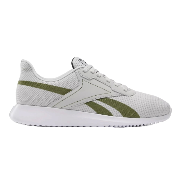 A white athletic shoe with a green stripe design, featuring a mesh upper, white laces, and a cushioned sole.