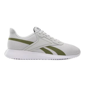 A white athletic shoe with a green stripe design, featuring a mesh upper, white laces, and a cushioned sole.