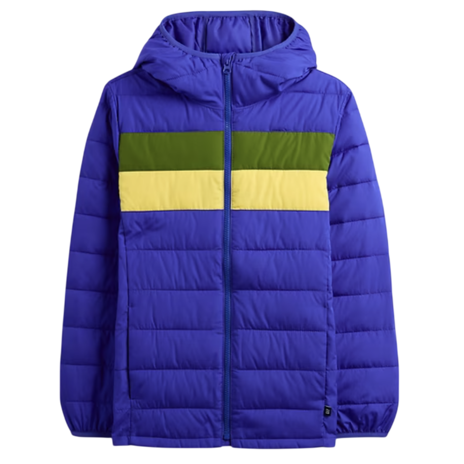 A blue puffer jacket with a hood, featuring green and yellow horizontal stripes across the chest.