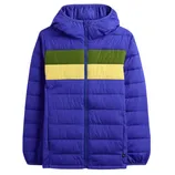 A blue puffer jacket with a hood, featuring green and yellow horizontal stripes across the chest.