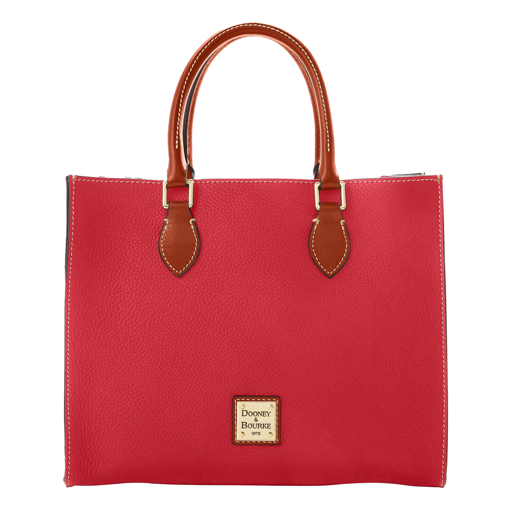 A red Dooney & Bourke tote bag with brown leather handles and white stitching, featuring the brand's logo on the front.