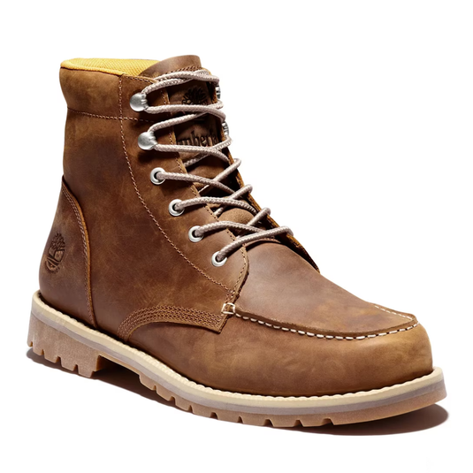 Brown leather work boot with white stitching, silver eyelets, and a durable rubber sole. Features a moc toe design and a logo stamped on the side.