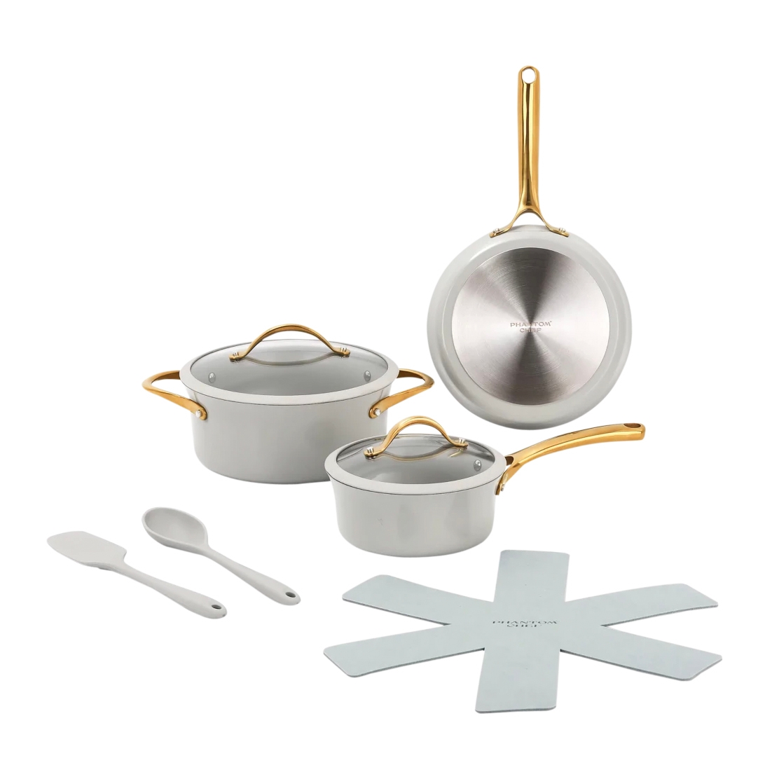 Cookware set with gold handles includes a saucepan, frying pan, Dutch oven, two utensils, and a pot protector.